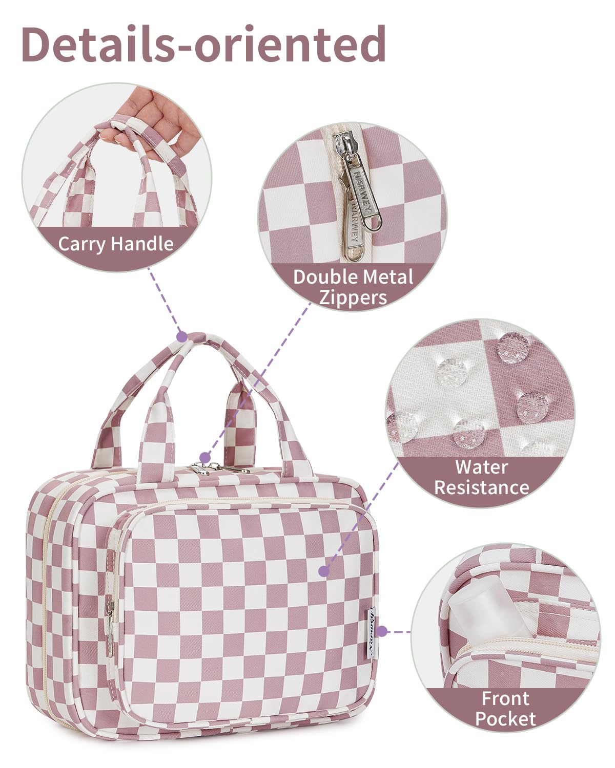 Narwey Travel Toiletry Bag for Women Large Hanging Makeup Bag Organizer Toiletries Bag for Full Size Essentials Accessories Cosmetics (Dusty Pink Checkerboard (Large))