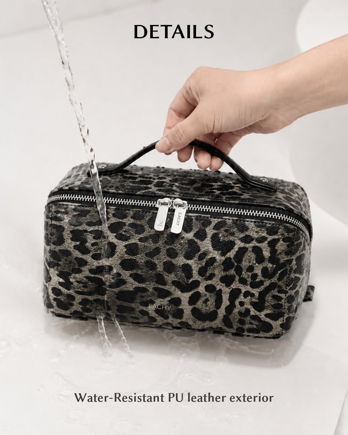 EACHY Travel Makeup Bag for Women, Large Leopard Print Cosmetic Bag with Upgraded Sturdy Zippers, Waterproof Leather Toiletry Organizer Pouch for Skincare Accessories