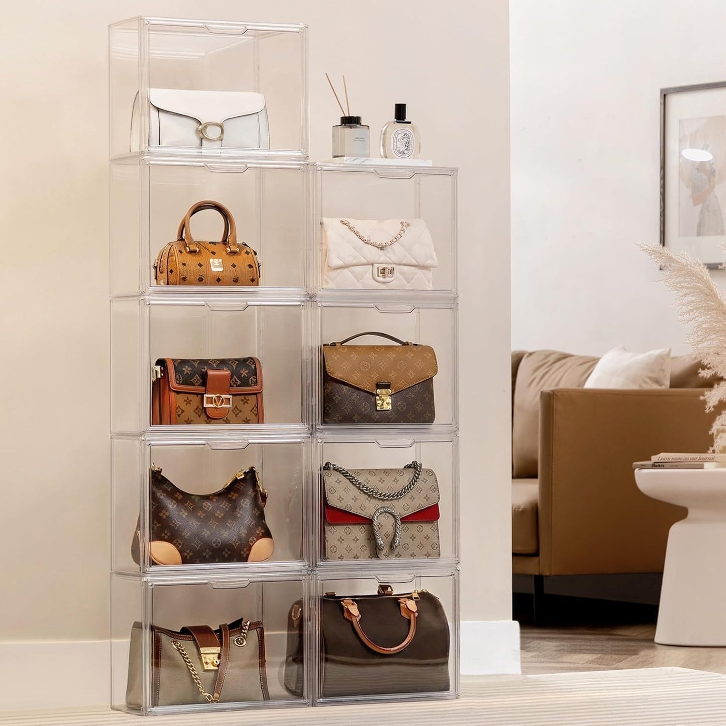 HBlife 5 Pack Purse Storage Organizer for Closet, Large Clear Stackable Handbag Display Case Box with Magnetic Door for Collectibles, Cosmetics, Women Heels and Toys