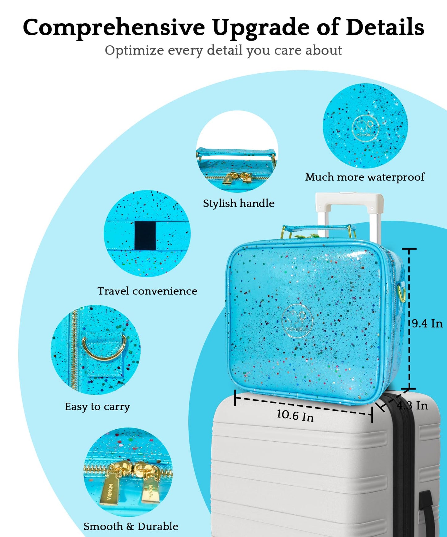 MOMIRA Travel Makeup Bag Cosmetic Bag with Lighted Mirror, Adjustable Brightness in 3 Color Scenarios/Detachable makeup mirror, 2024-All-round Upgrade, Waterproof, Gift for Women -Glett Blue