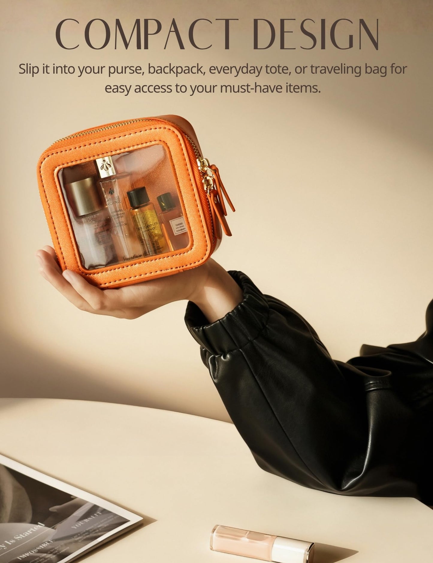 Popvibe Clear Makeup Bag with Zipper Small Travel Cosmetic Case Orange Mini Pouch for Purse Accessories Car Storgae Essentials Bag Purse Pouch Organizer Compact Small Clear Toiletry Bag for Traveling