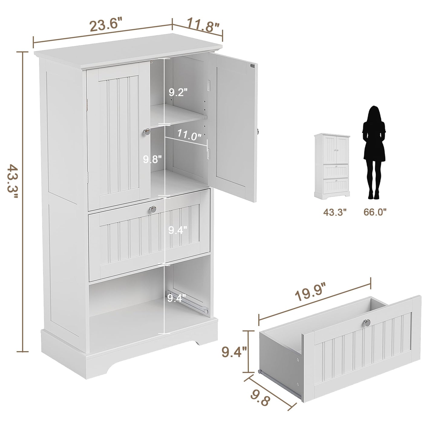 Treocho Bathroom Floor Cabinet, Bathroom Storage Cabinet with Drawers and Adjustable Shelf, Freestanding Cupboard Pantry for Kitchen, Living Room, Dining Room, White