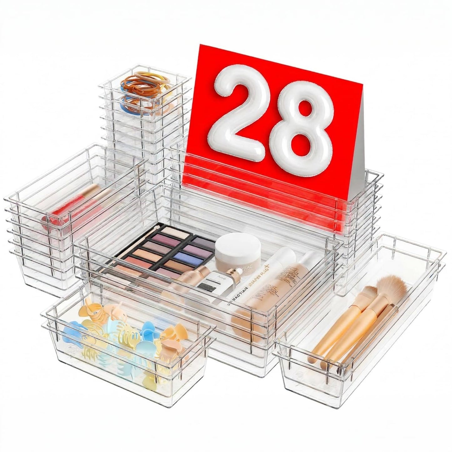 A-LuGei 【Military Grade】 Drawer Organizer, 【𝟱𝗦𝗶𝘇𝗲】 Makeup organizer, 【Holds 177 Items】 Bathroom Organizers and Storage, Organization and Storage, Desk Drawer Organizer for Vanity (Clear)