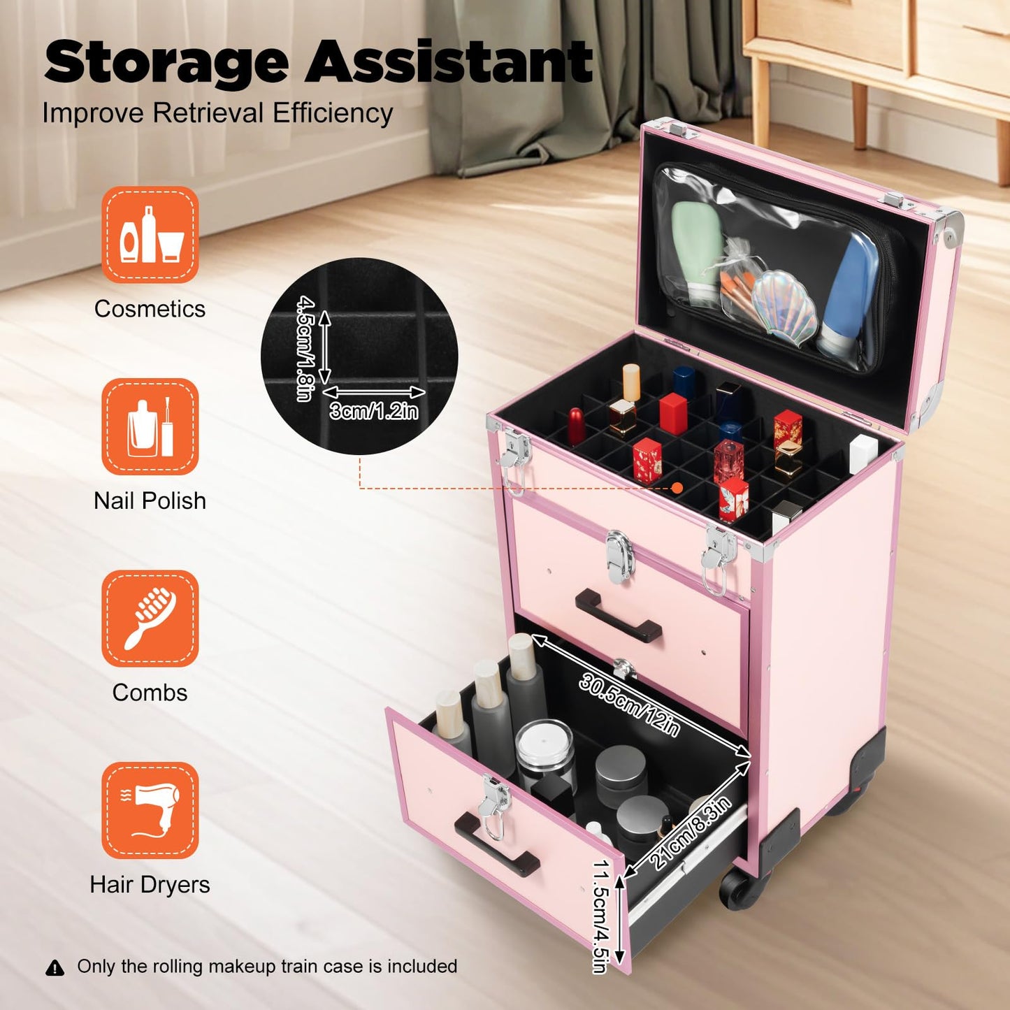 BGSHKAL Rolling Makeup Case with Drawer, Large Cosmetic Trolley with Lock 3 in 1 Rolling Makeup Train Case Cosmetology Trolley 3 Stage Telescopic Handle 4 Silent Swivel Castors 110.23 Lbs Capacity