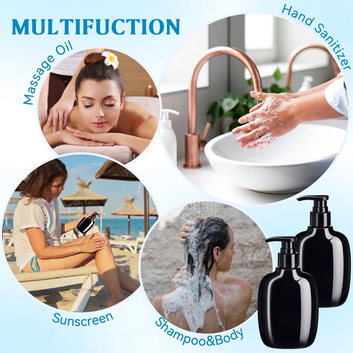Gandeer 24 Pack Black Plastic Pump Bottles 6.8 Oz/ 200 ml Shampoo Lotion Dispenser Bottles Empty Refillable Hand Soap Liquid Dispenser Container with Press Pump for Travel Bathroom Hotel Kitchen