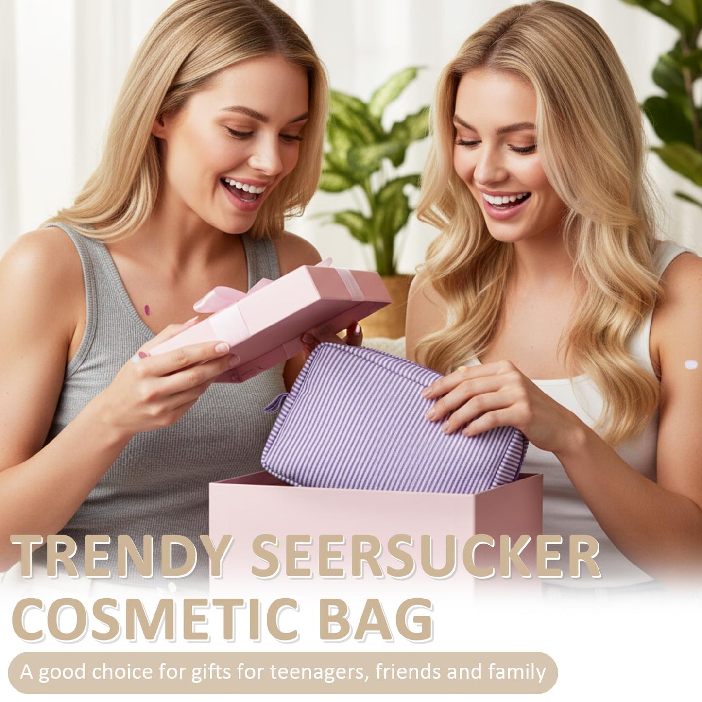 Sanwuta 3 Pcs Seersucker Makeup Bags Seersucker Cosmetic Bags Striped Women Large Travel Toiletry Organizer Preppy Storage Pouch for Embroidery Wedding Bridesmaid Gifts(Pink, Light Blue, Purple)
