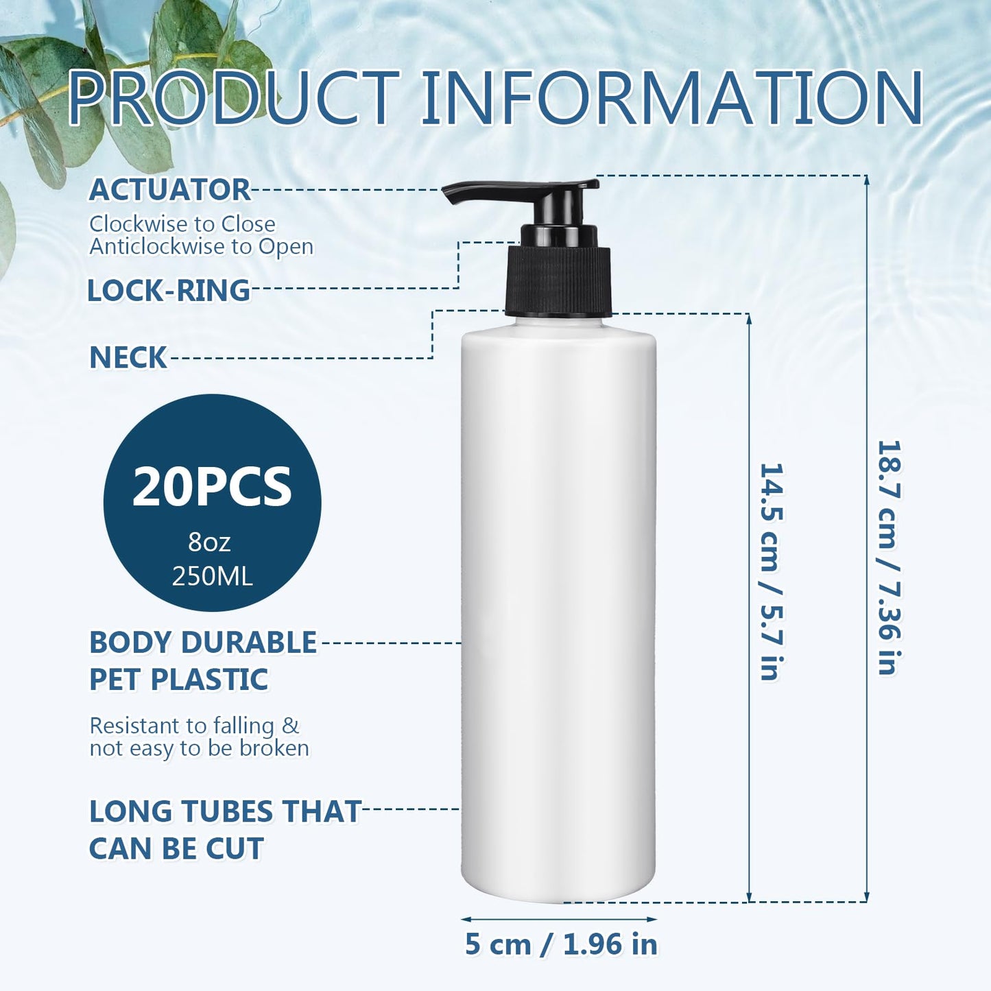 20 Pack Plastic Pump Dispenser Bottle Bulk, 8 oz Empty Lotion Bottle Refillable Containers with Pump for Shampoo Massage Oil Dispensing Travel Daily Life (White)