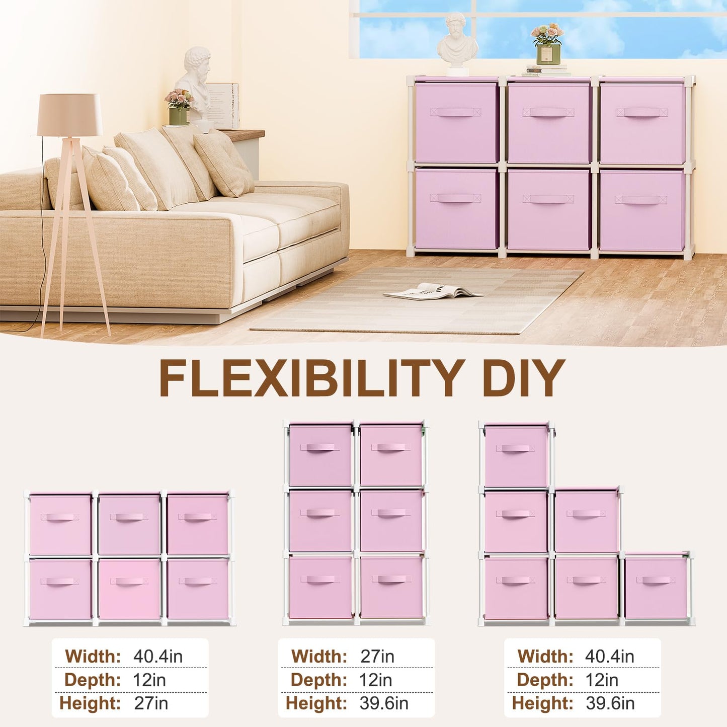 Briwooody 6 Cube Storage Organizer Bins with Shelf 11x11 Cabinet Drawer Dresser Closet Organizer and Storage Fabric Toy Boxes for Nursery Playroom Back to School Dorm for Clothes (Macaroon Pink)