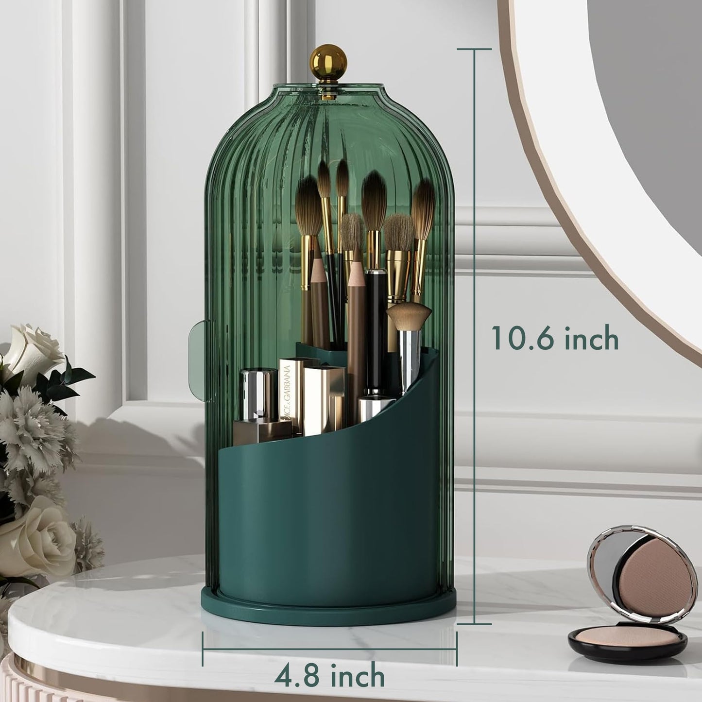 ZHUSSZHU Makeup Brush Holder with Lid Cosmetic Tools Organizer 360 Rotating Waterproof Dustproof Beauty Brushes Storage for Vanity, White Malachite green