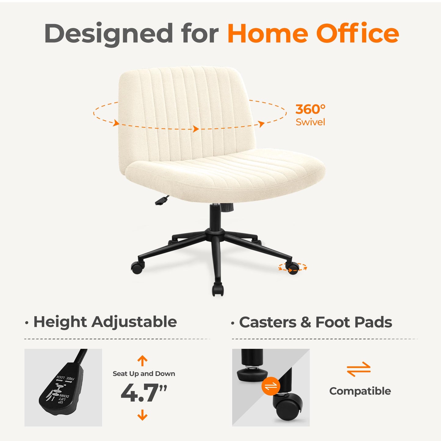 NEO CHAIR Criss Cross Chair with Wheels Armless Cross Legged Office Desk Wide Comfy Vanity Makeup Chair Adjustable Swivel Rolling Computer for Home Office Fabric (Beige)
