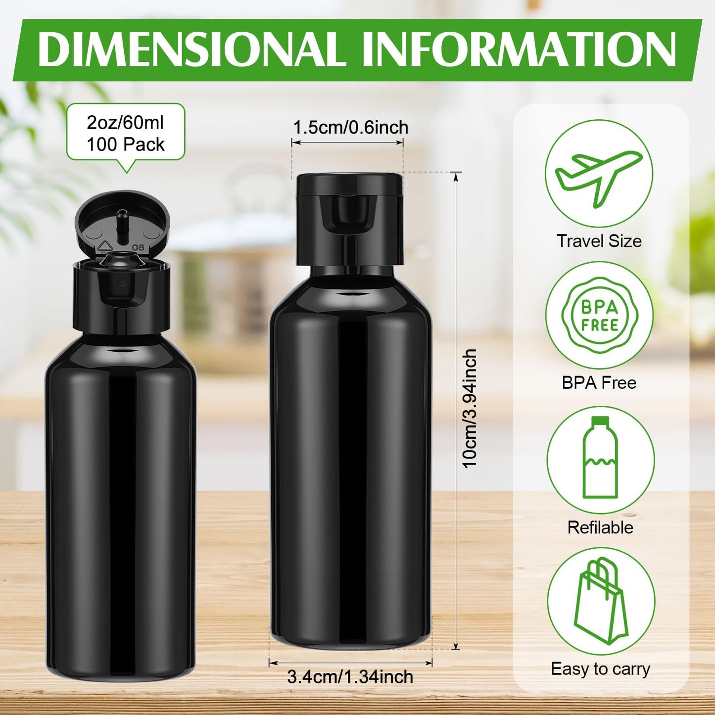 Eccliy 100 Pack 2 oz Plastic Bottles Travel Lotion Bottle Squeeze Container Plastic Bottles with Caps Small Travel Empty Refillable Toiletry Containers for Liquid Lotion Creams with 5 Funnels (Black)