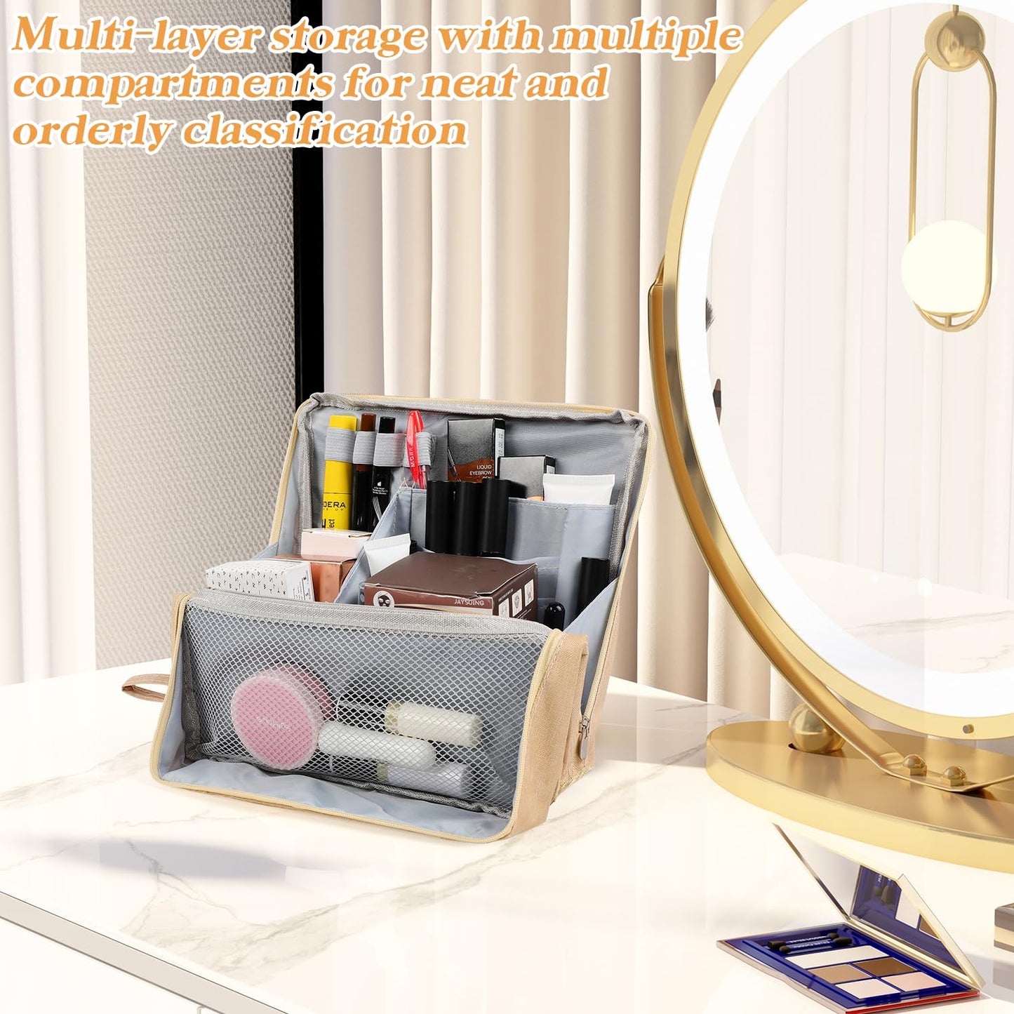 Doresty Makeup Bag,Portable Large Capacity Waterproof Standing Make up Bag,Multi-Purpose Large Capacity Oxford Cloth Standing Makeup Bag,Stationery Storage(Beige)