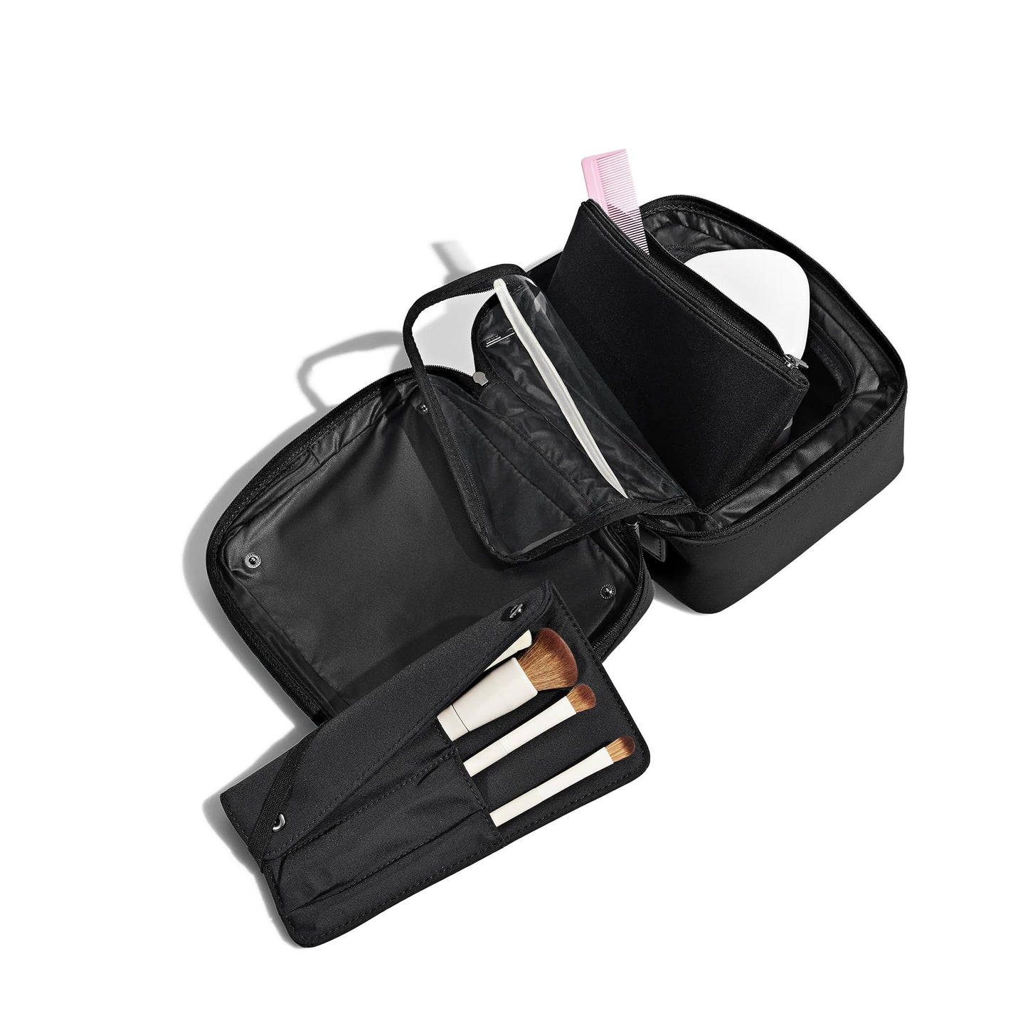 Away The Cosmetics Bag - Water-Repellent Cosmetic Travel Bag with Detachable Brush Organizer, Spill-Proof Bottom Compartment, Transparent Pockets - Jet Black