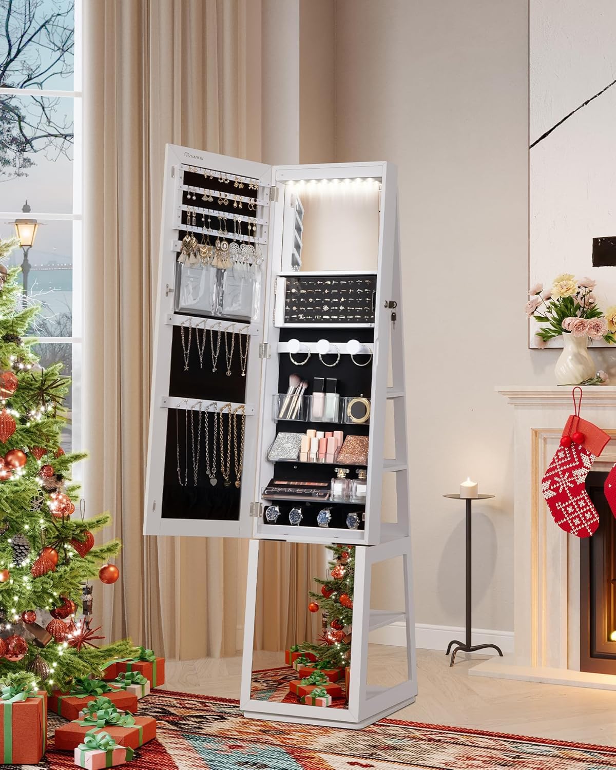 Hzuaneri 16 LEDs Jewelry Cabinet Armoire, Standing Jewelry Organizer with 360° Rotating Base, Lockable Full-length Mirror, 5-tier Storage Shelves, 4-in-1 Design, 61.5" H, White and Black JC15903B