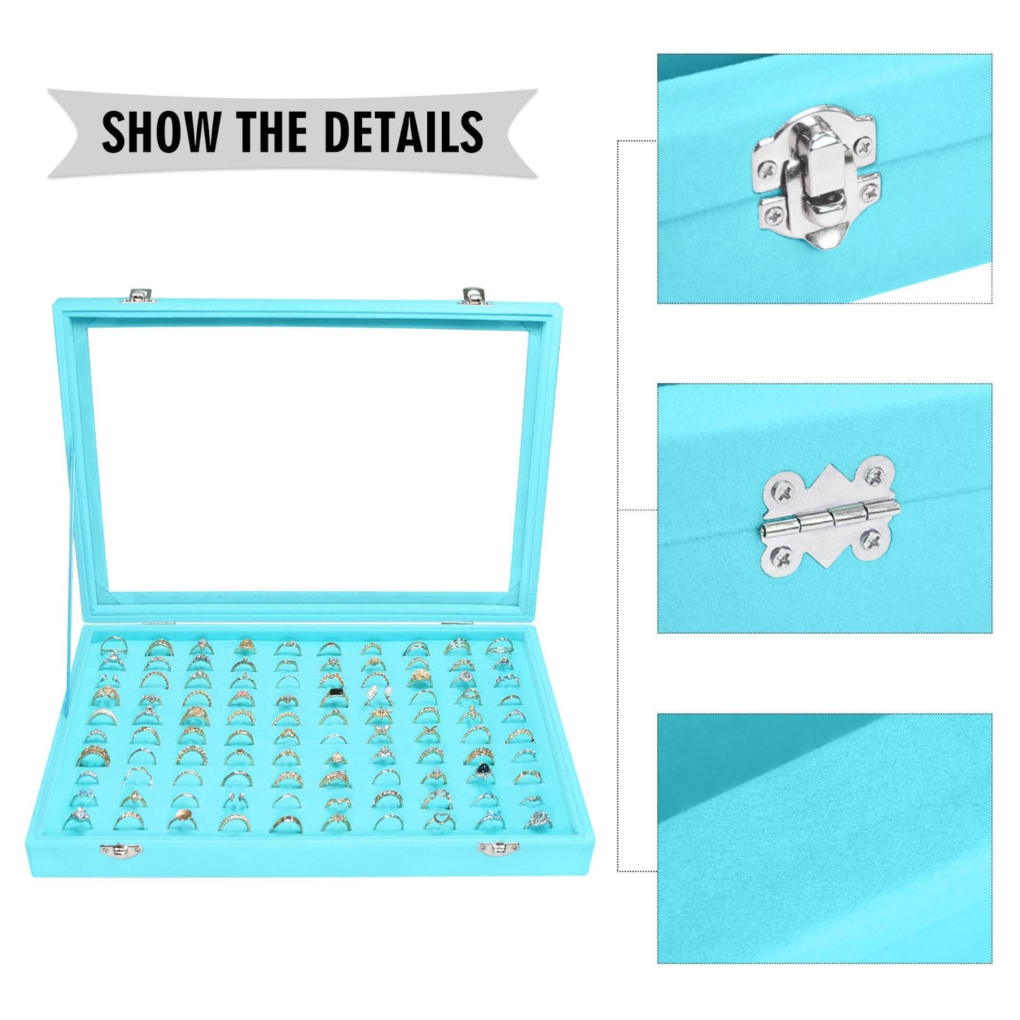 Siveit Velvet Ring Display Tray Organizer Box with Transparent Lid, 100 Slot Ring Holder Showcase For Store Display Jewelry Show Home, Ring Organizer For Rings Earrings (Light Blue)