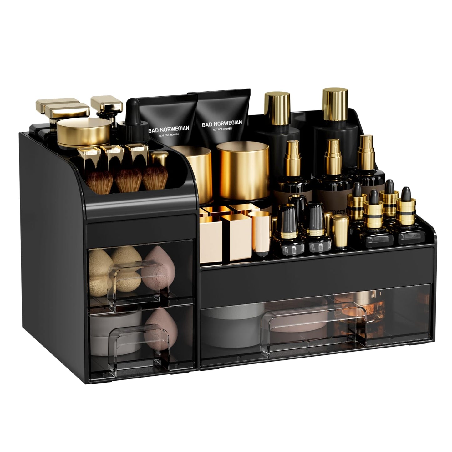 Mriluvy Large Makeup Organizer for Vanity,Countertop Organizer with Drawers and Brush Holder,Men’s Cologne Organizer for Bathroom,Cosmetic Skin Storage for Lipsticks,Nail Polish & Shaving Lotion,Black