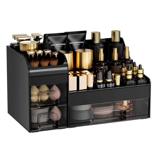 Mriluvy Large Makeup Organizer for Vanity,Countertop Organizer with Drawers and Brush Holder,Men’s Cologne Organizer for Bathroom,Cosmetic Skin Storage for Lipsticks,Nail Polish & Shaving Lotion,Black