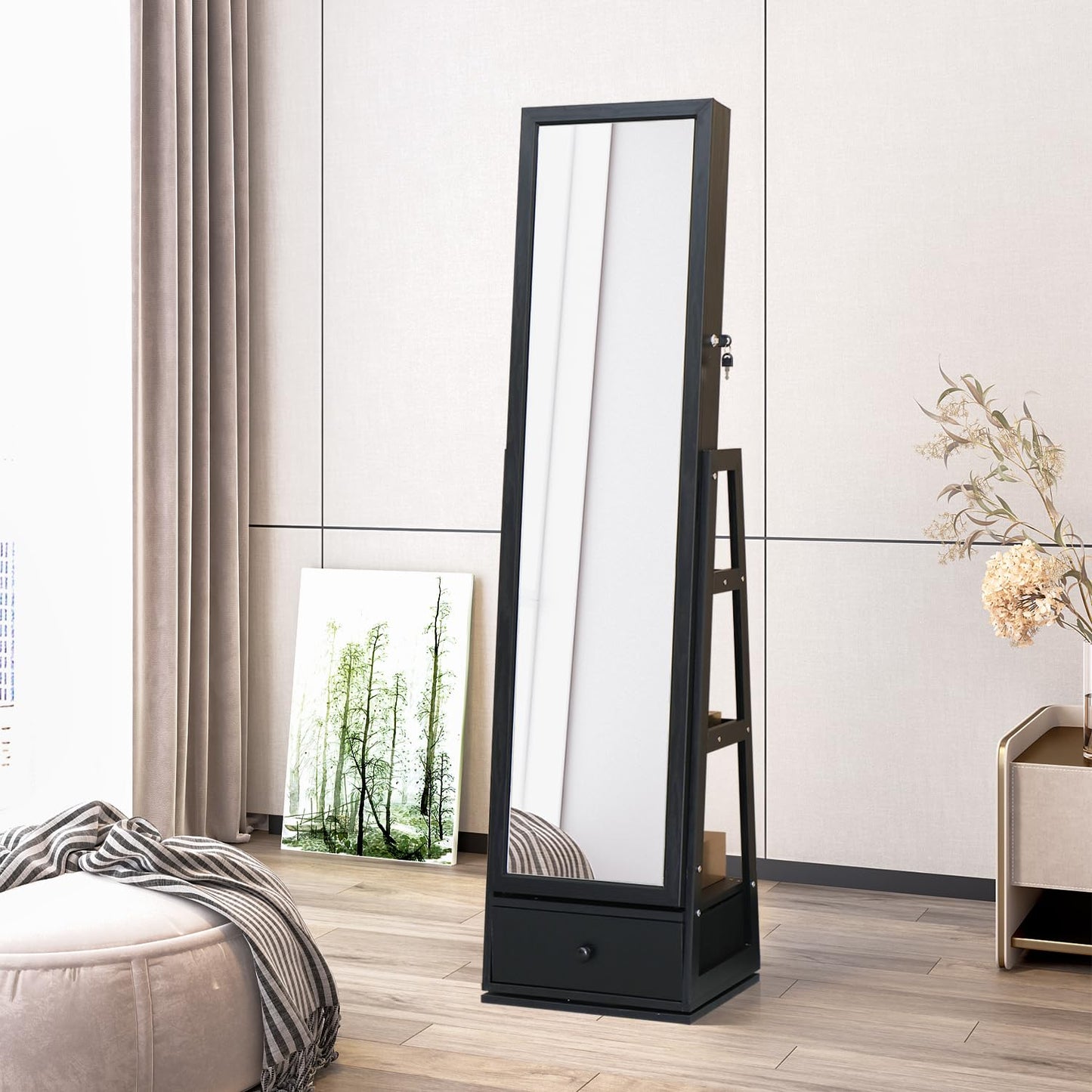 MASMIRE Full Length Jewelry Cabinet Standing With Built-In Mirror Jewelry Armoire With Mirror Drawers, Lockable Storage Mirror With Storage Racks Black