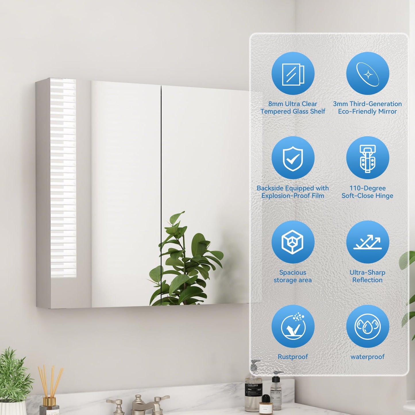 Sunrosa Aluminum Bathroom Medicine Cabinet with Mirror Door, 30"×27.5" Bathroom Mirror Cabinet, Wall-mountable and Recessed-in Mirror Cabinet, 2 Doors Medicine Cabinet Organizer II
