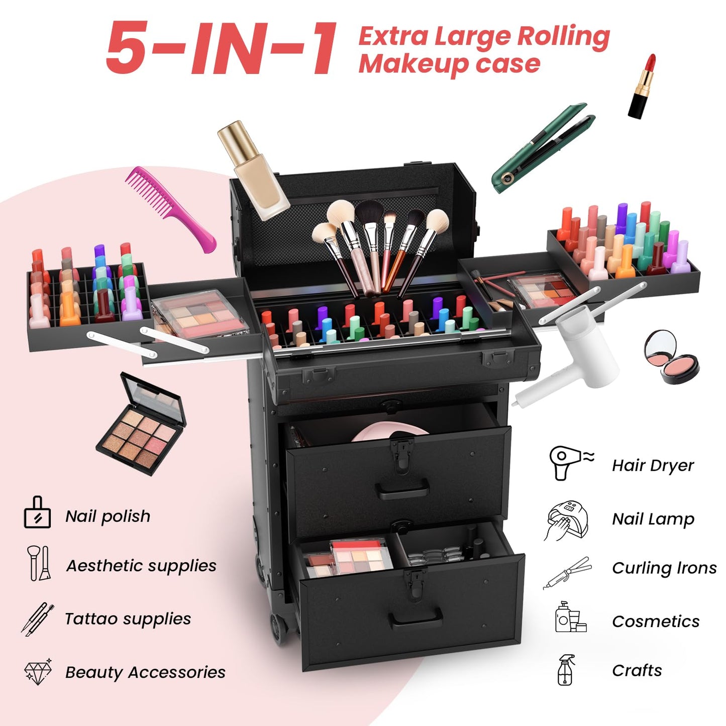 ALUROICE Large Rolling Makeup Train Case, Professional Travel Cosmetology Case on Wheels with Drawers, 3 Tiers Nail Organizers Storage Case for Nail Tech, Tattoo, Hairstylist, Makeup, Extra Large