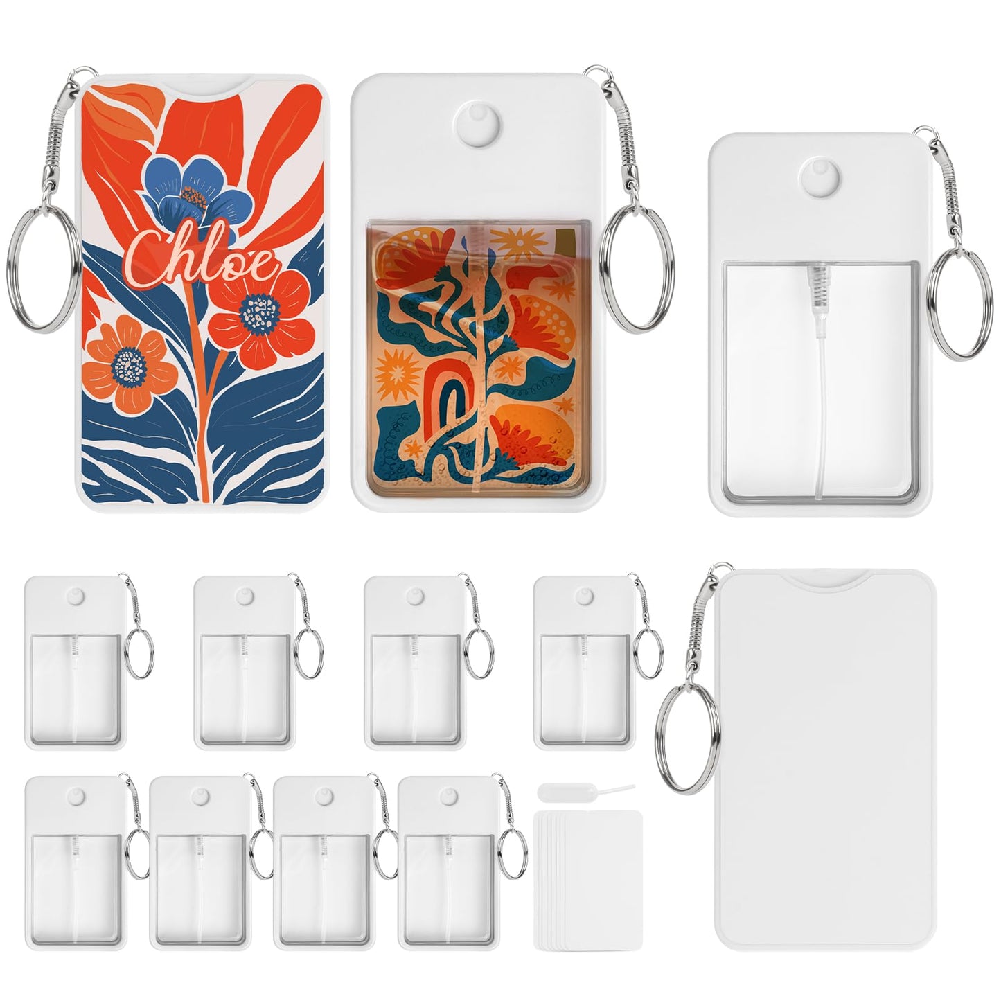 PYD Life 12 Pack Sublimation Blanks Card Perfume Spray Bottle 1FL. OZ 30 ml White with Key Ring, Portable Refillable Travel Sprayer with 16 PCS Double-Sided Sublimation Aluminum Sheets for DIY