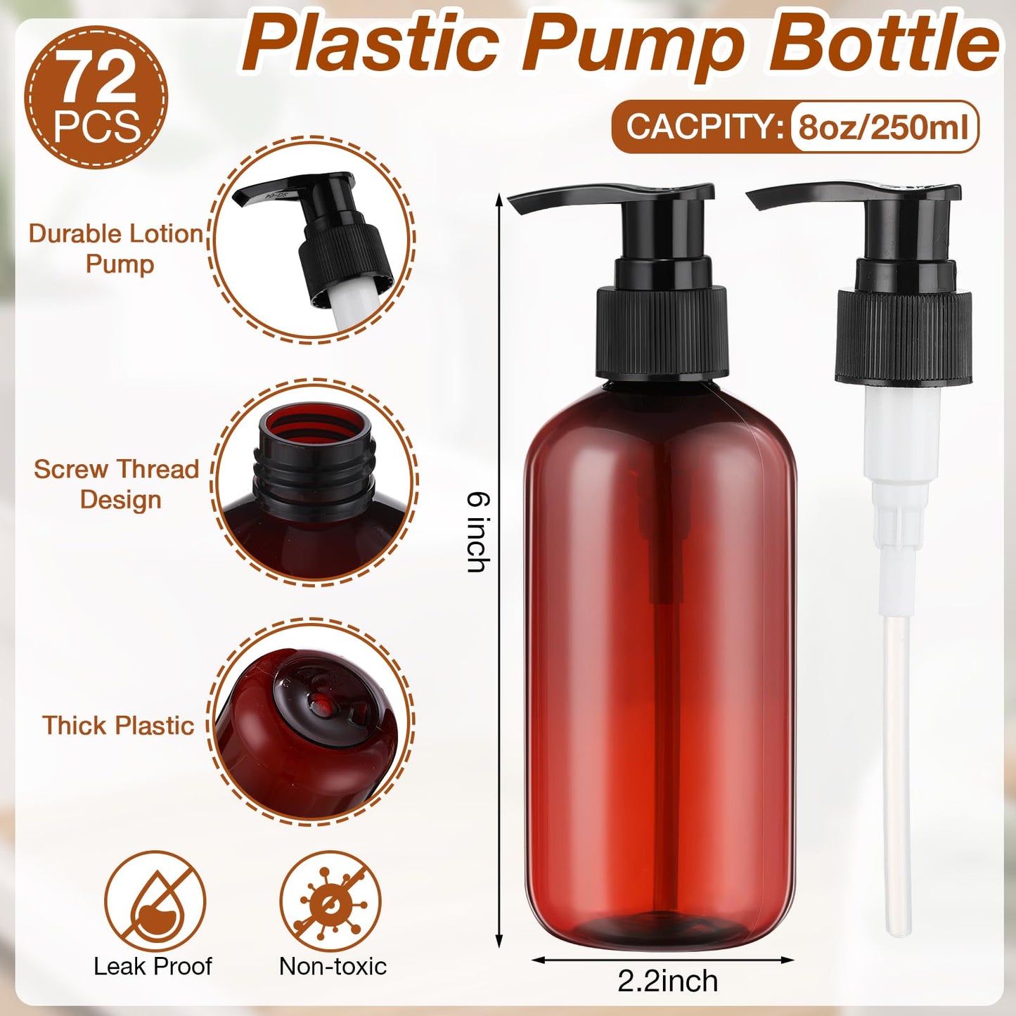 Eaasty 48 Pcs Pump Bottle Lotion Dispenser Refillable Shampoo Conditioner Hand Soap Dispenser Plastic Empty 8oz/250ml Clear Reusable Body Wash Container Bulk (Amber)