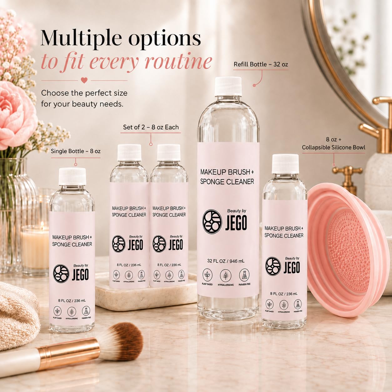 JEGO Makeup Brush + Sponge Cleaner Solution - Ideal for Removing Makeup, Dirt, & Oil - Make Up Brush Cleanser - Hypoallergenic & Plant-Based Solution - 32 Oz
