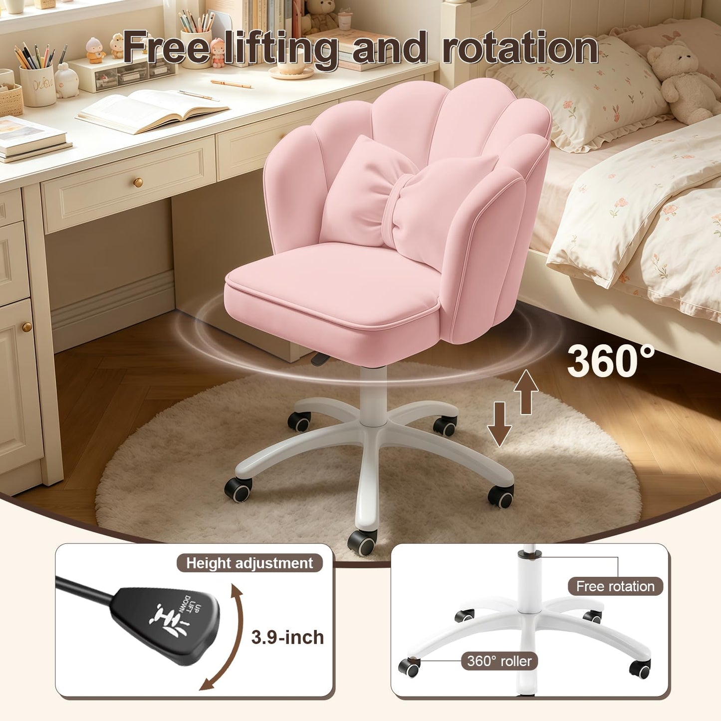 XUEGW Petal Desk Chair with Bow Cushion Velvet Vanity Chair with Wheels, Upholstered Home Office Chair for Girls Women, Mid-Back Swivel Computer Task Chairs for Living Room Bedroom