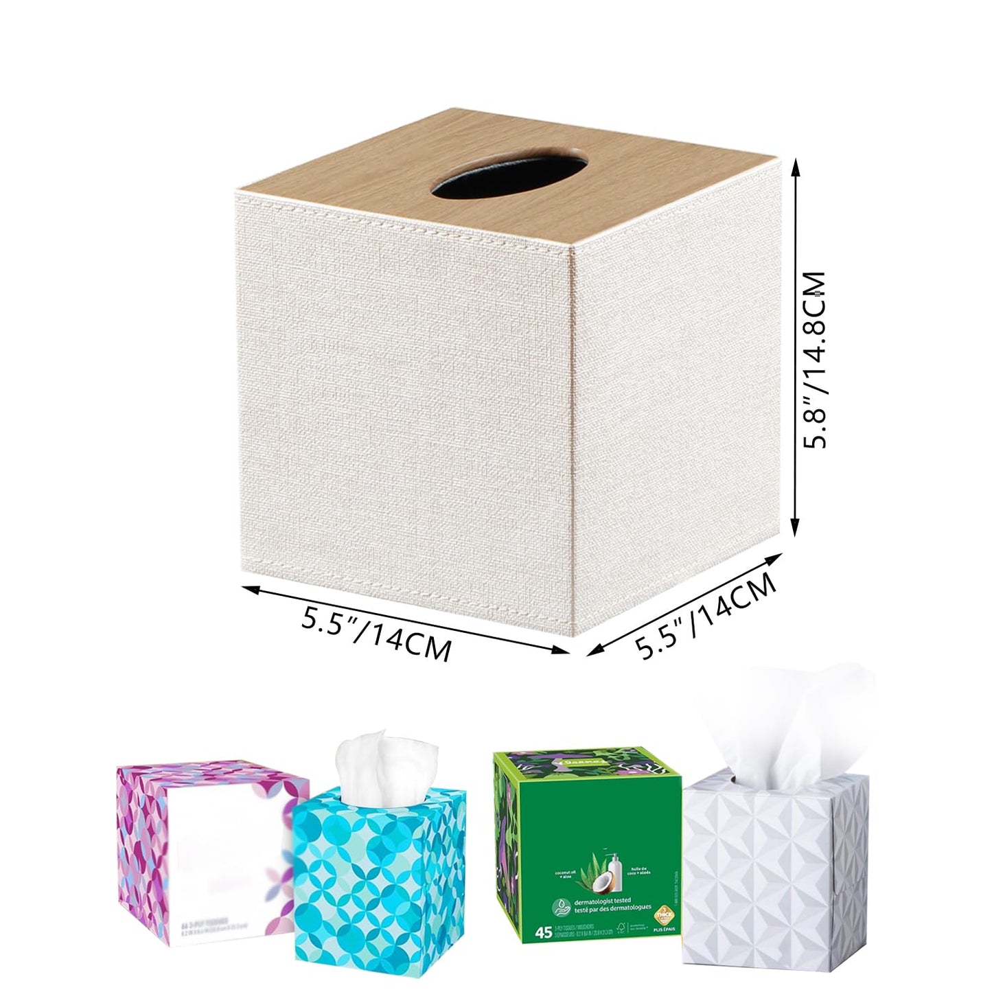 PU Leather Tissue Box Cover Square,Upgrade 99% Compatible Large Size,Cube Tissue Box Holder for Napkin Facial Paper,Dryer Sheet Dispenser Organizer for Bathroom Vanity Countertop Night Stand,Beige