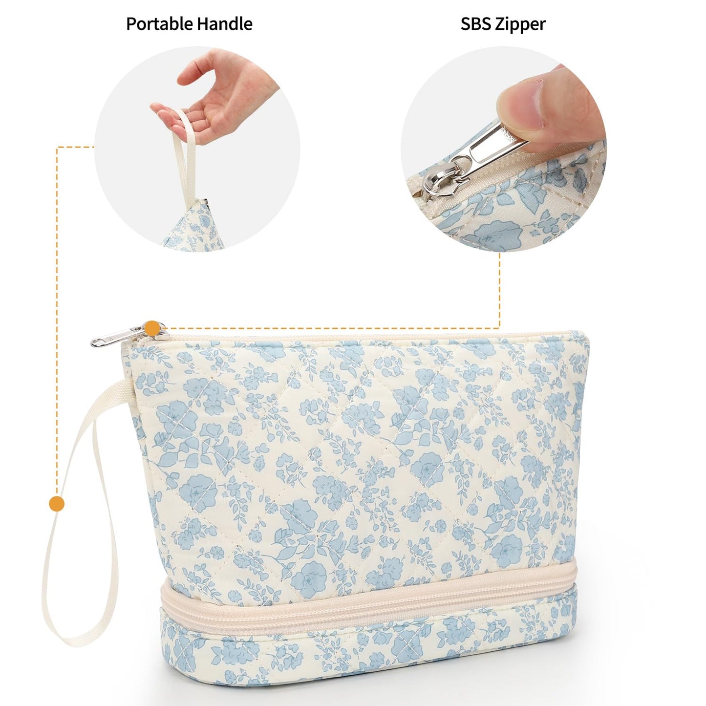 Ethereal Small Makeup Bag, 2 Layers Travel Make up Organizer Bag with Makeup Brush Holder, Portable Cosmetic Bag for Women/Girls, Blue Flower