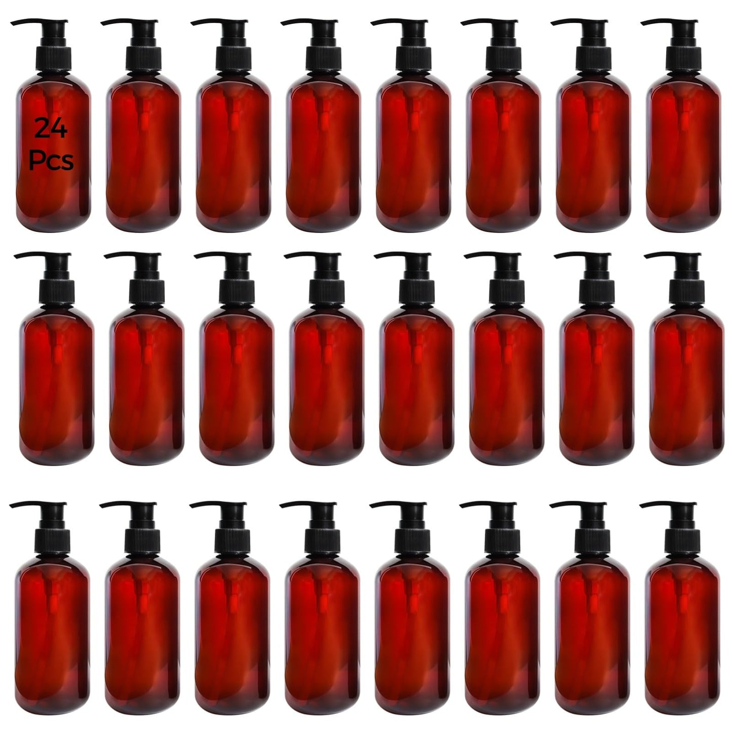 24 Pcs Empty Lotion Bottles with Pump 8oz - Refillable Amber Plastic Bottles, Liquid Dispensers with Secure Pumps, 250ml Travel-Size Containers for Lotion, Shampoo, Conditioner, Body Wash