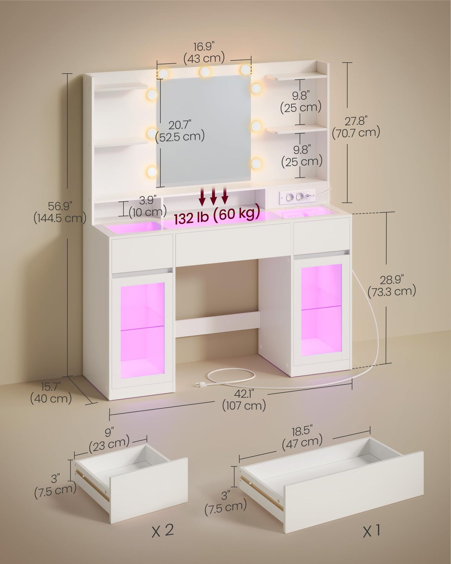VASAGLE Kailyn Collection - Vanity Desk with LED Lights and Power Outlet, Modern Vanity Table with Light Strip, 3 Drawers, 2 Cabinets, Transparent Top, 8 Storage Shelves, Cloud White URDT145WB03S