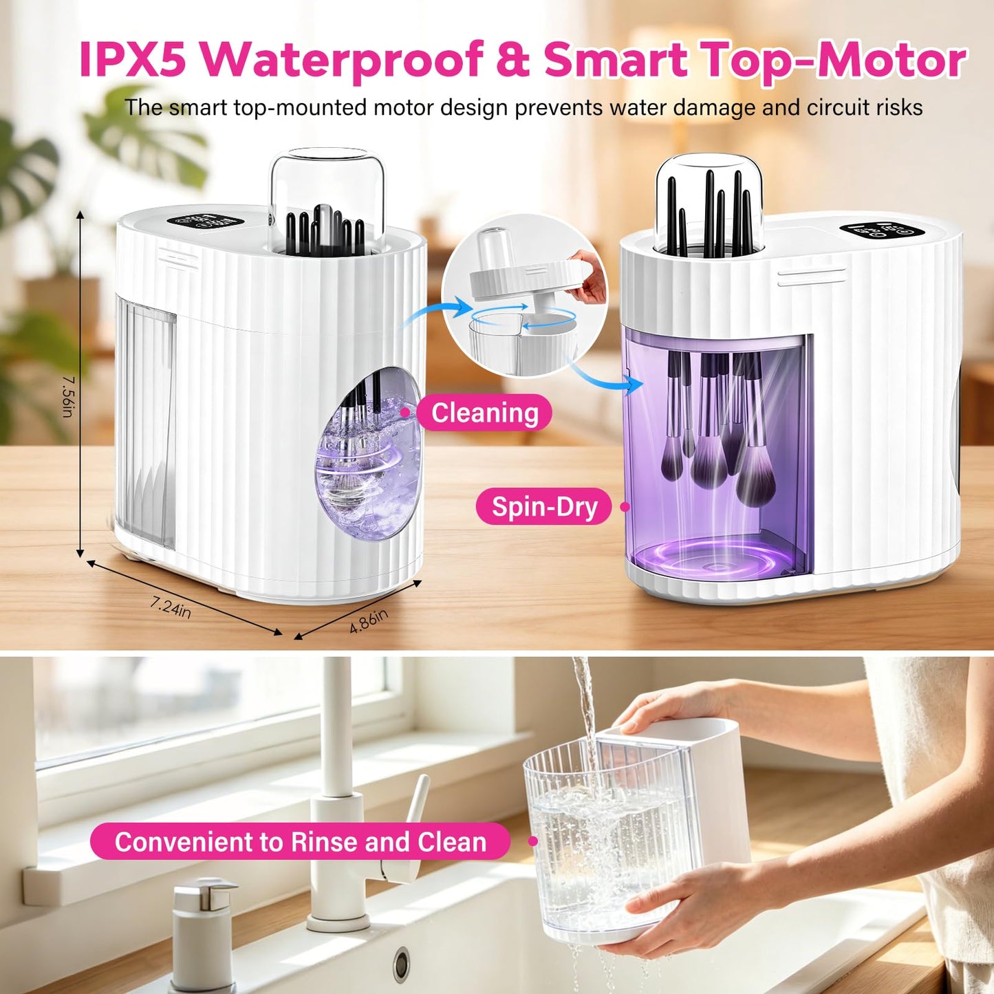 Electric Makeup Brush Cleaner Machine, 3-IN-1 Automatic Cleaning & Fast Drying, 1200RPM High-speed Spinning, Adjustable Timer, LED Display, 7 Slots for All Brush Sizes, USB Powered, Pure White
