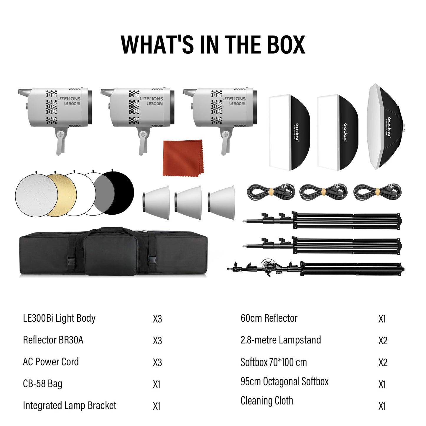 GODOX 3Pack LE300Bi Light Kit, Godox Litemons LE300Bi Video Light with Softbox Light Stand, Bowens Mount, DMX/Bluetooth APP Control, NFC Connection, 2800K~6500K, 58900Lux@1m, CRI/TLCI98, 11 Fx Effects