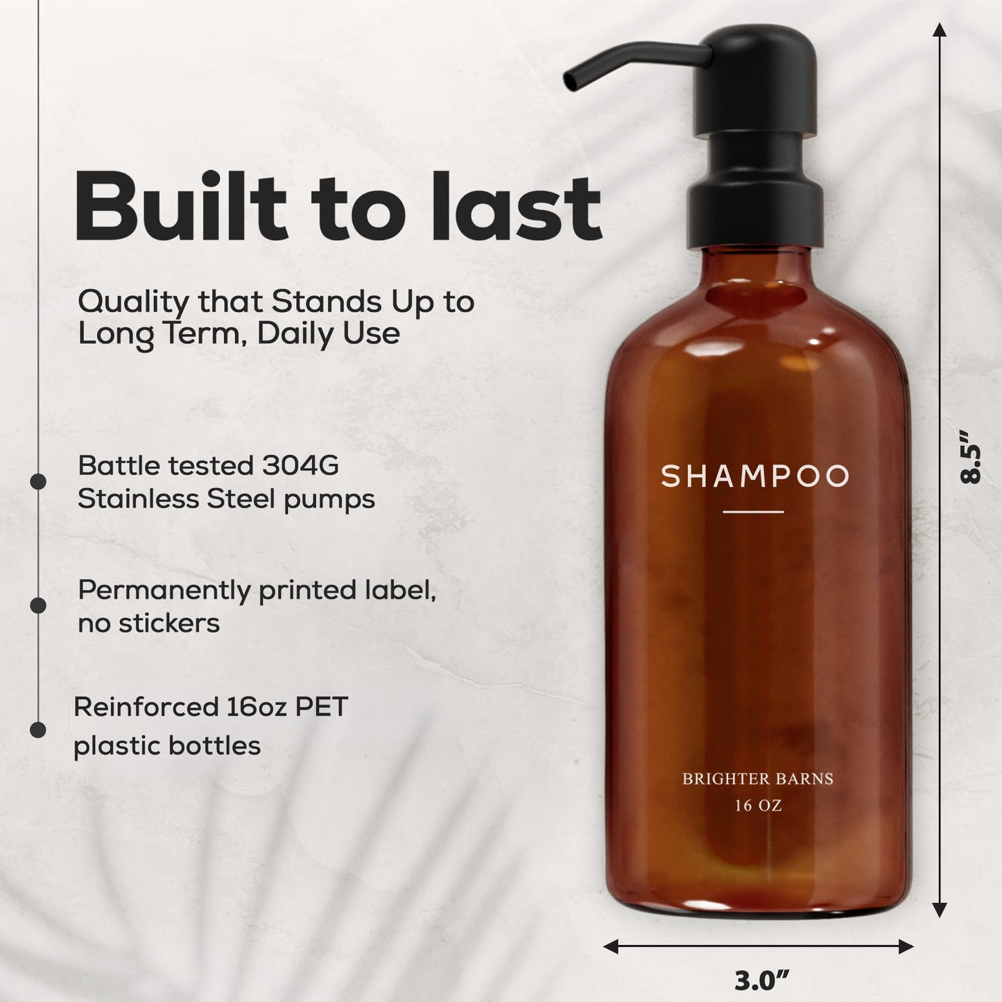 Amber Shampoo and Conditioner Dispenser Set by Brighter Barns - Body Wash and Shampoo Bottles with Pump - Refillable Plastic Shower Dispenser for Modern Bathroom Decor in Vacation Rental, Spa (Amber)