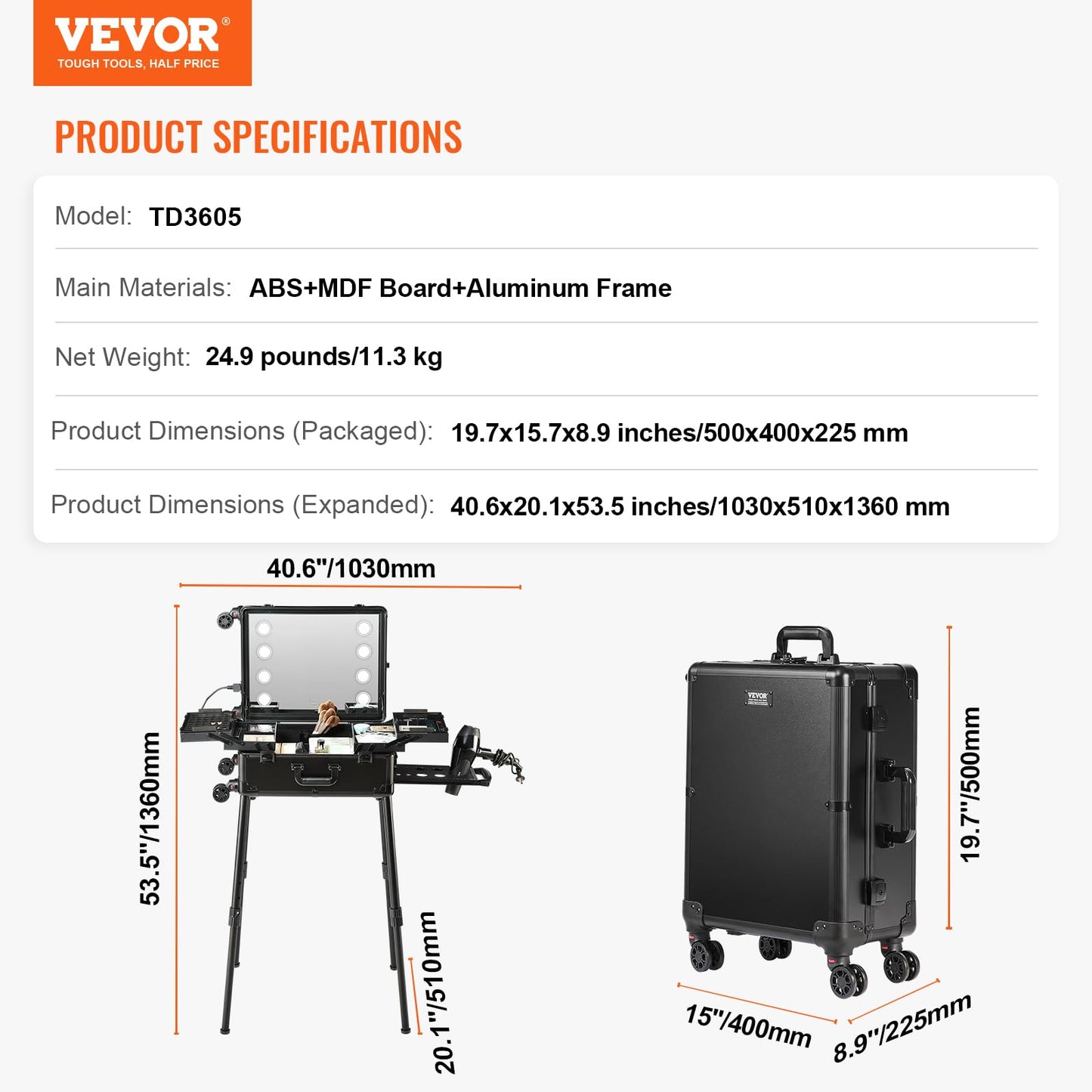 VEVOR Makeup Train Case with Lock, Lighted Mirror, 4 Storage Trays, Brush Holder, Travel Cosmetic Organizer Box w/Swivel Wheels, Professional Artist Trolley Studio Free Standing Case