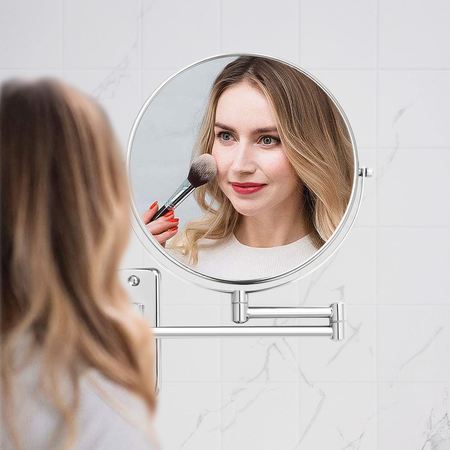 AumVum 8 inch Wall Mounted Makeup Mirror, 1X/10X Magnifying Double-Sided Wall Mount Shaving Mirror (Close-Up 10X) with Extendable Arm, 360° Swivel for Bathroom Vanity, Chrome (No Light)
