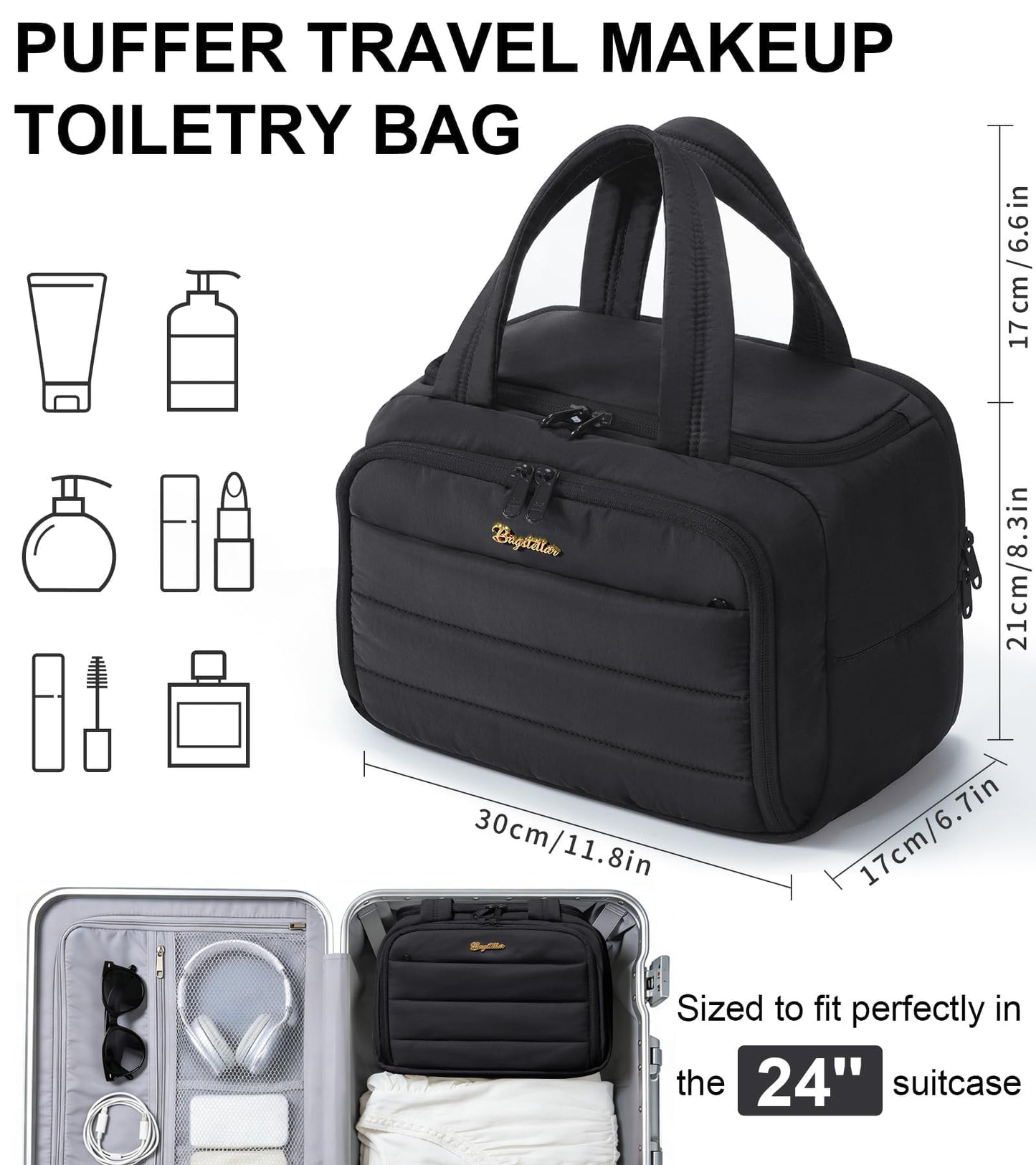Bagstellar Travel Toiletry Bag for Women, Lightweight Large Quilted Puffy Makeup Bag Wide-open Make up Organizer Cloud Cosmetic Bag w/Handle for Traveling, Toiletries, Essentials, Accessories, Black