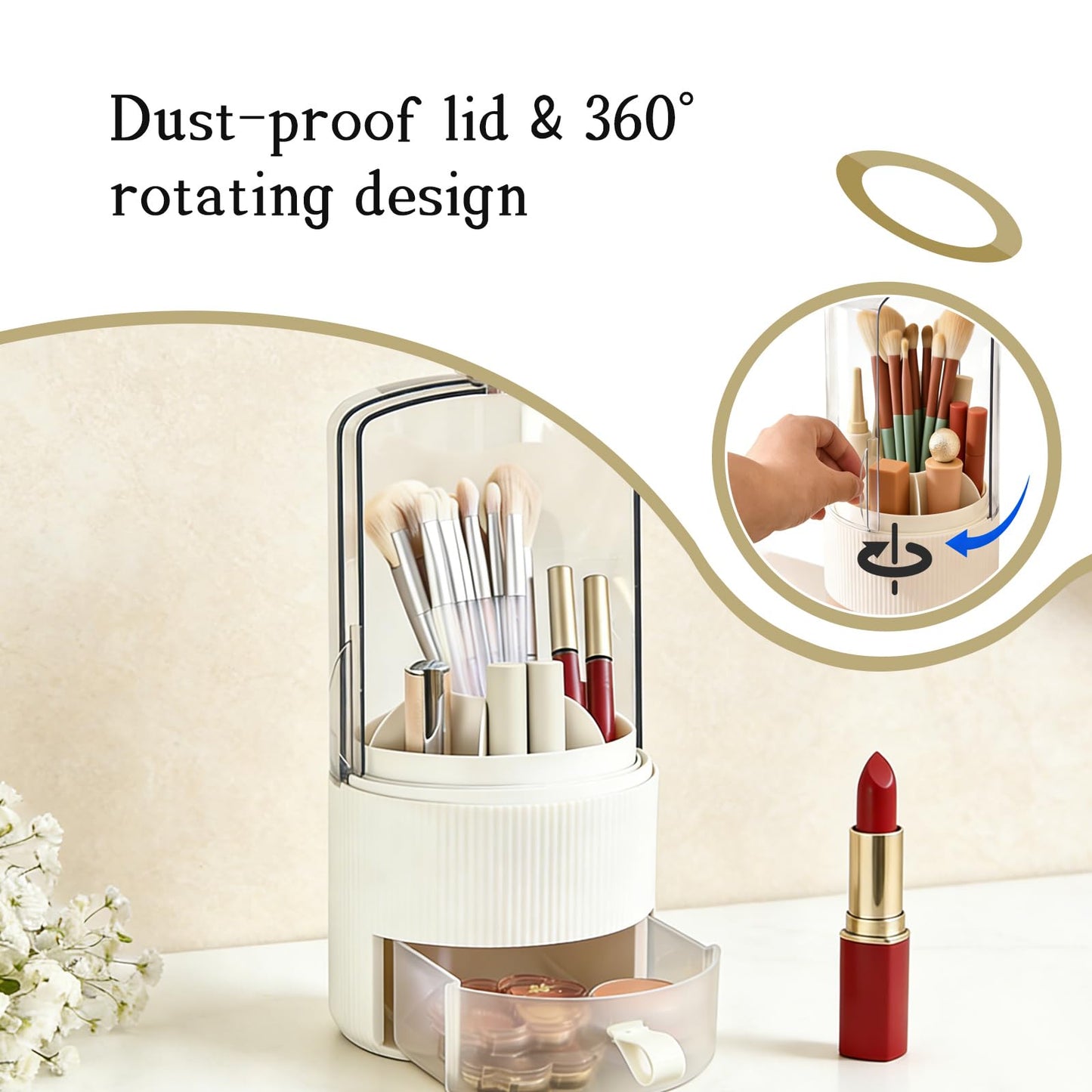 DHSUN Makeup Brush Holder With Lid, 360° Rotating Makeup Brush Organizer With Drawer, Toothbrush Holder With Cover & 7-Compartment (White)
