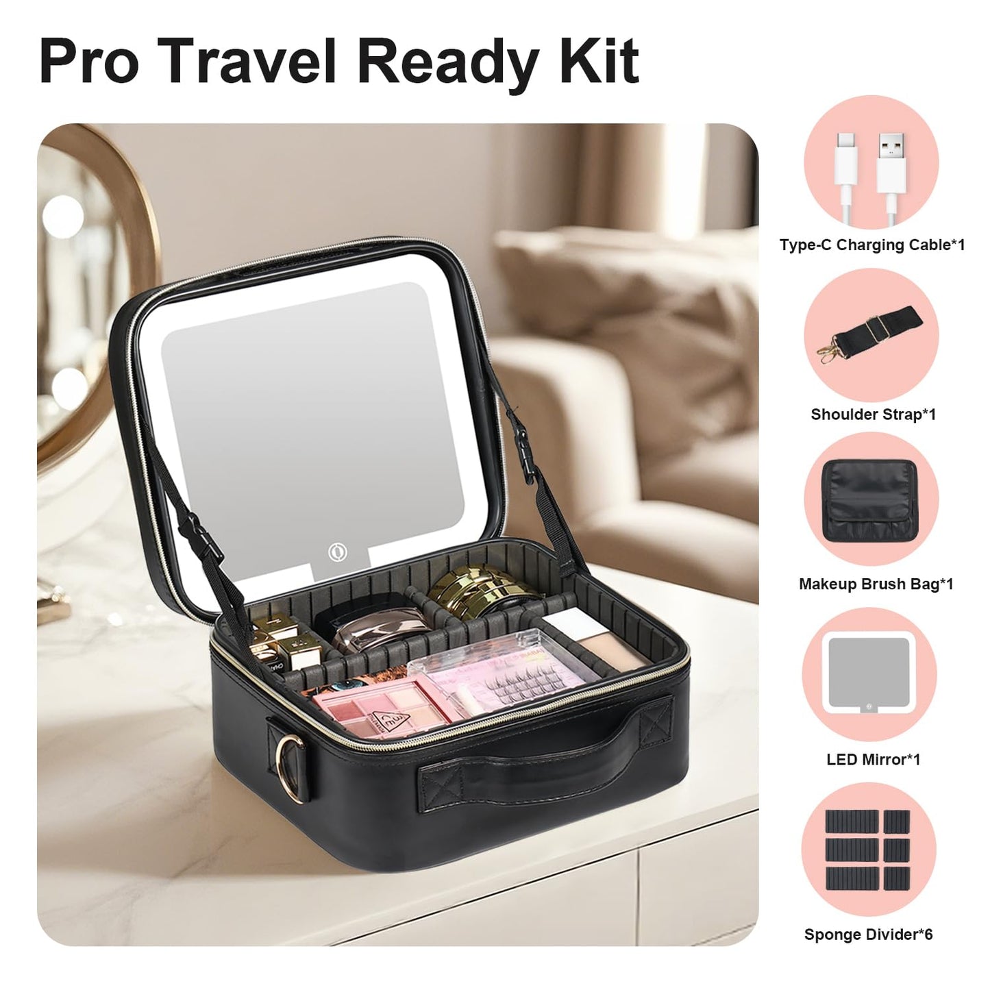 BEAUTY CASE Makeup Bag with Led Mirror, 10 Inch Portable Travel Cosmetic Organizer Case with Adjustable Dividers, USB Charging, Large Capacity, Ideal for Travel, Gift for Women Girls, Black