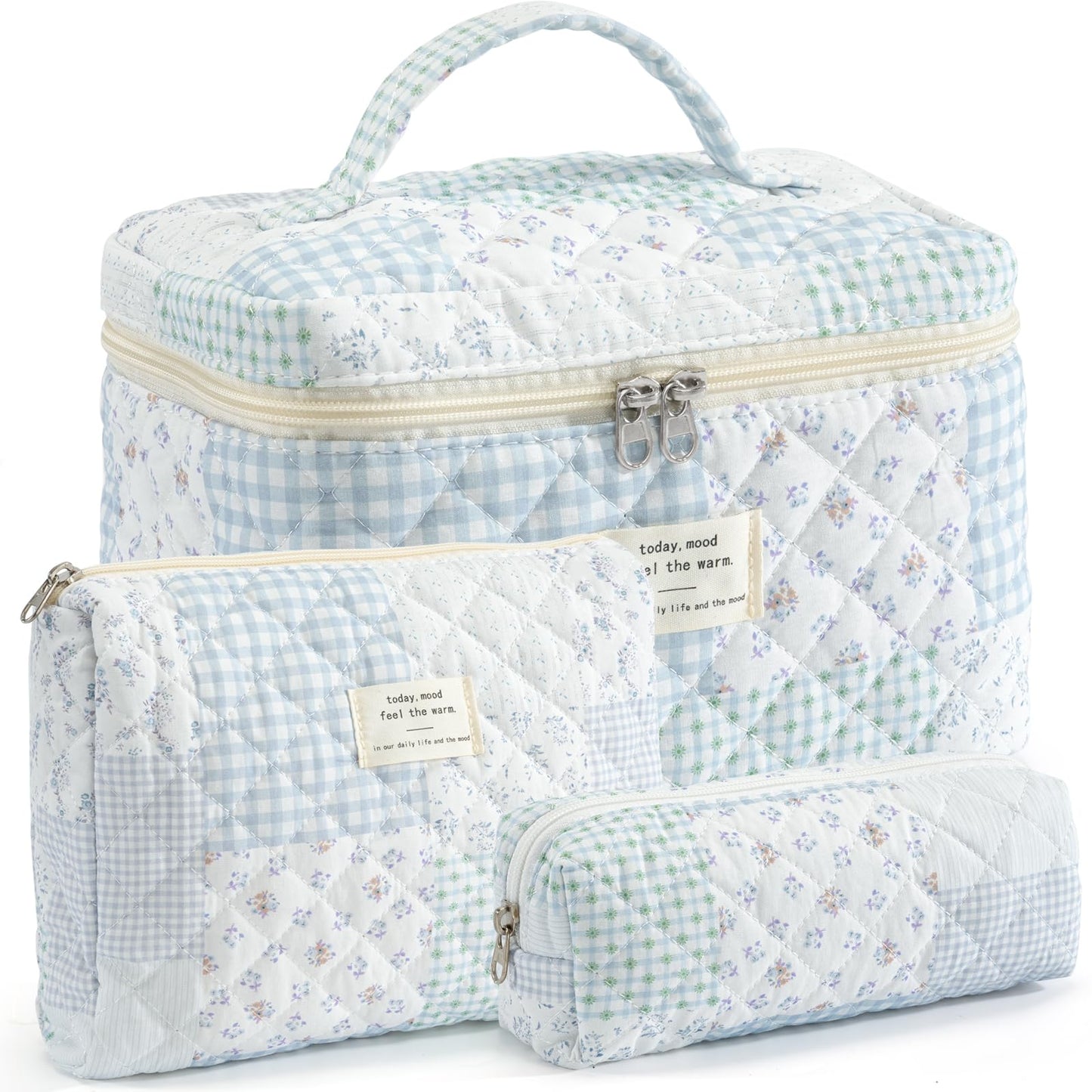 UUYUUY Makeup Bag for Women 3PCS Quilted Cotton Make Up Bag Travel Cosmetic Bag Large Makeup Bag Set Cute Makeups Organizer Floral Toiletry Pouch for Purse, Shabby Chic Blue