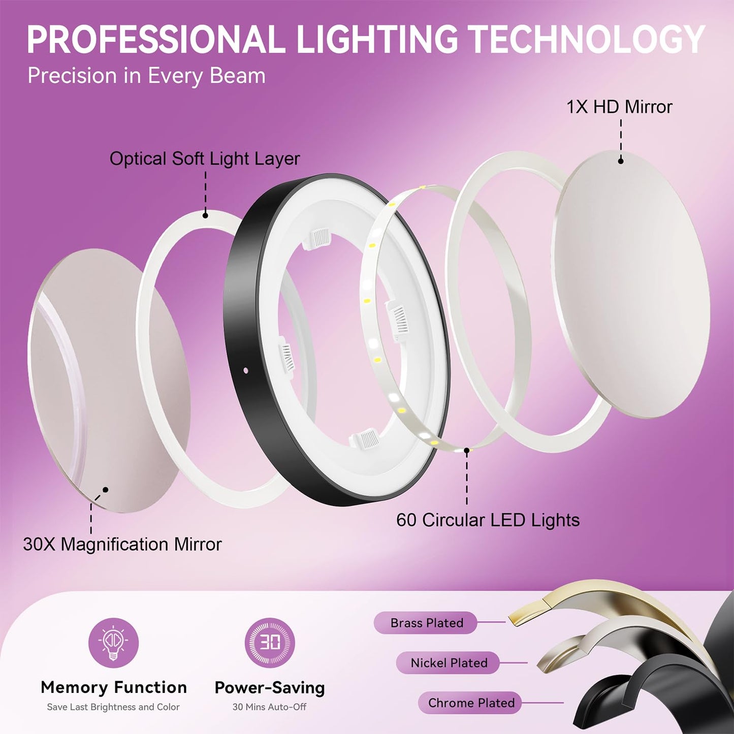 Auxmir 9" Large Lighted Makeup Mirror with Magnification, 1X/30X Double Sided Magnifying Mirror with Adjustable Height, Rechargeable Vanity Mirror with 3 Color Dimmable Lights, 360° Rotation