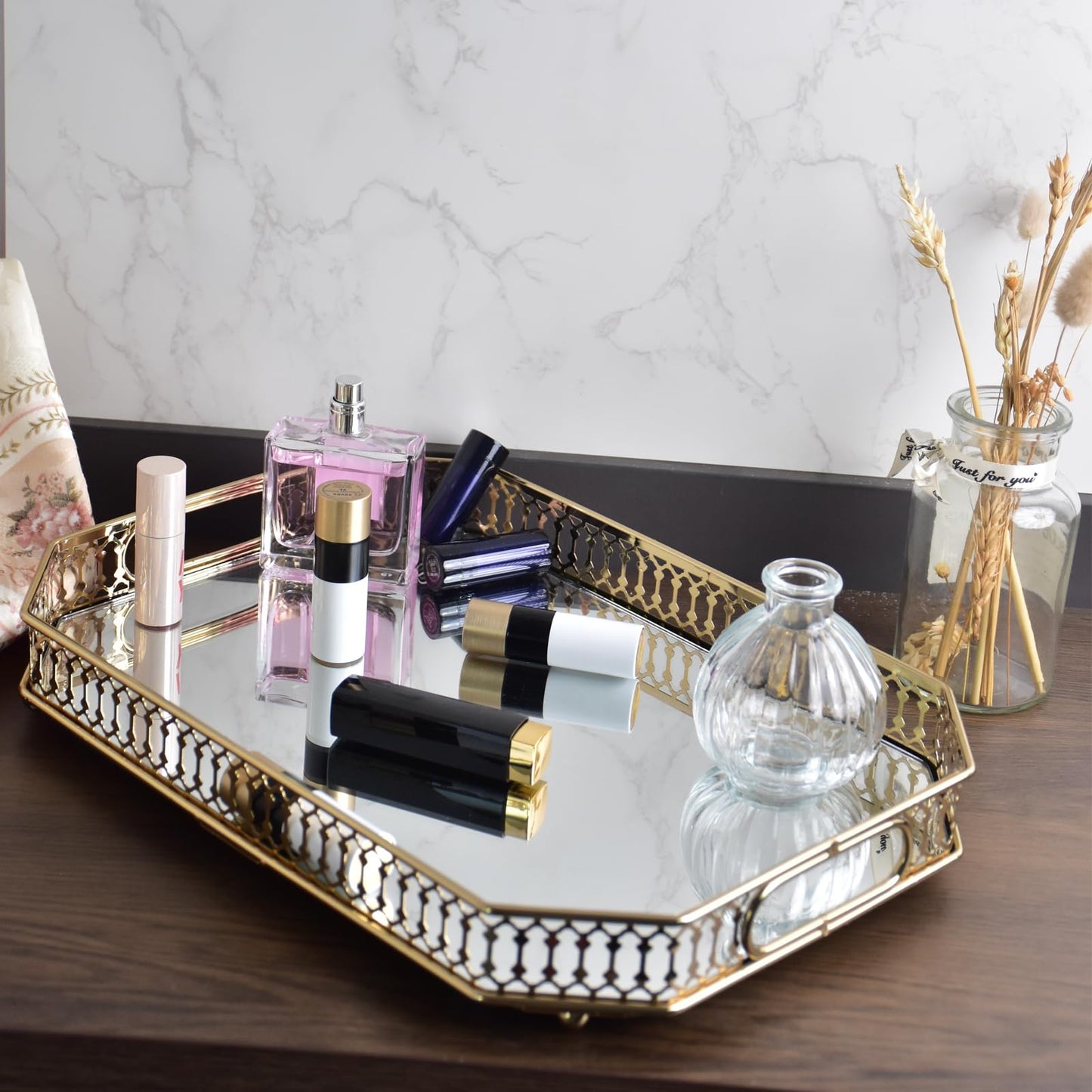 Yikinip Bar Cart Tray Glass and Gold Tray，Mirrored Tray for Cologne, Perfume and Gold Vanity Tray- Decorative Mirrored Vanity Tray with Cutout Design, Glass Base, Metal Jewelry Organizer