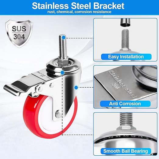 4 inch Stainless Steel Caster Wheels Heavy Duty, 1/2"-13x1-1/2 Threaded Stem Casters with Brake, Rust Resistant, Polyurethane PU Wheels for Hospital, Lab, Furniture, Restaurant