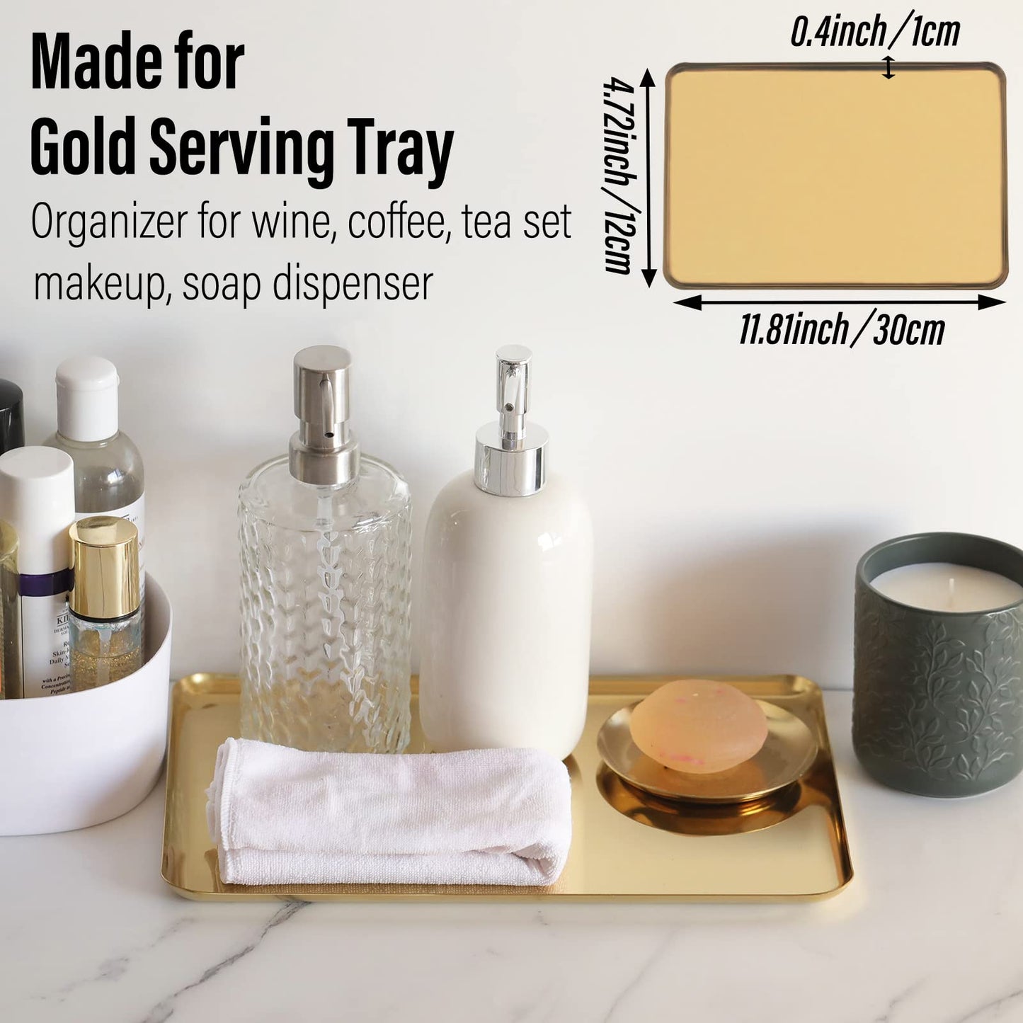 FREELOVE Rectangle Metal Decorative Serving Tray, Perfume Organizer Candle Towel Makeup Jewelry Organization Dresser Vanity Counter Coffee Table Desk Preppy Room Decor, Mirror Gold, 12''X7.9''