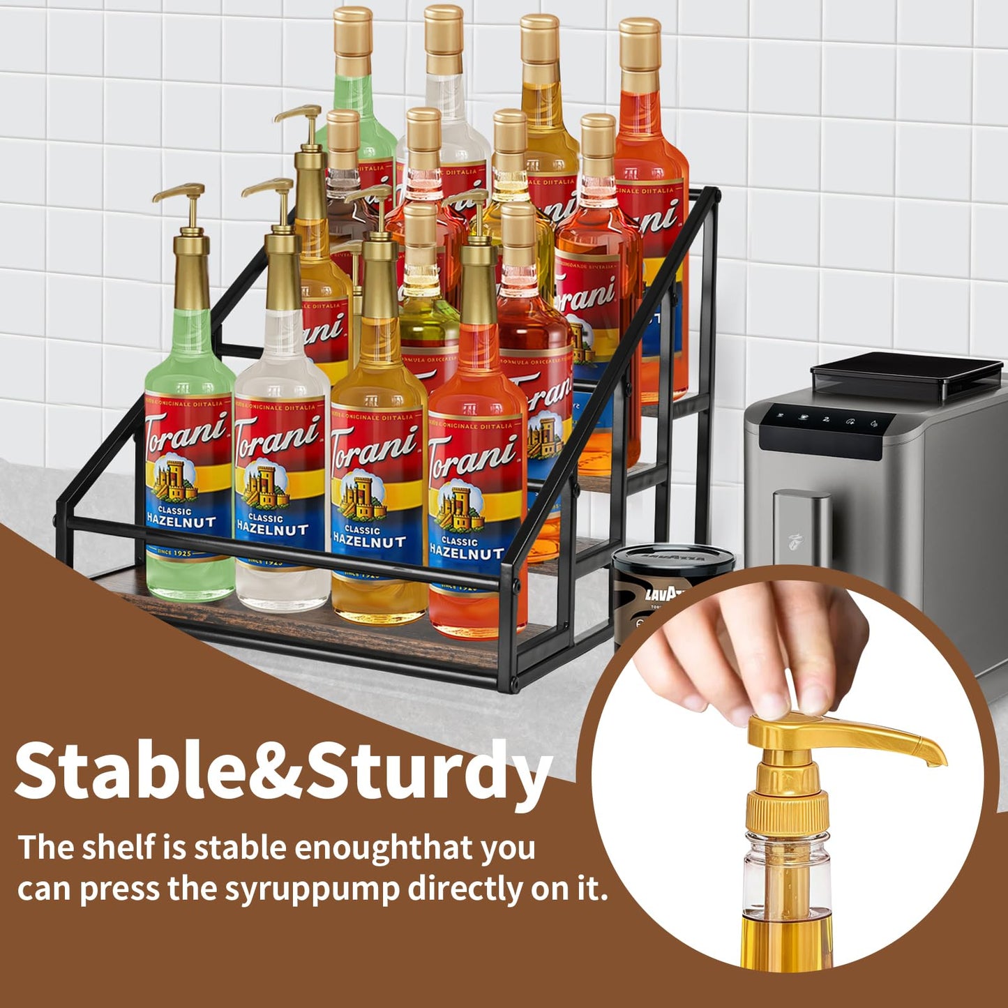 YQBRAO Coffee Syrup Rack Organizer,Liquor Bottle Display Shelf,Water cup display stand,Spice Rack Kitchen Cabinet Organizer,Rustic Brown,2 Packs 4 Tier 16 Bottle Coffee Syrup Holder