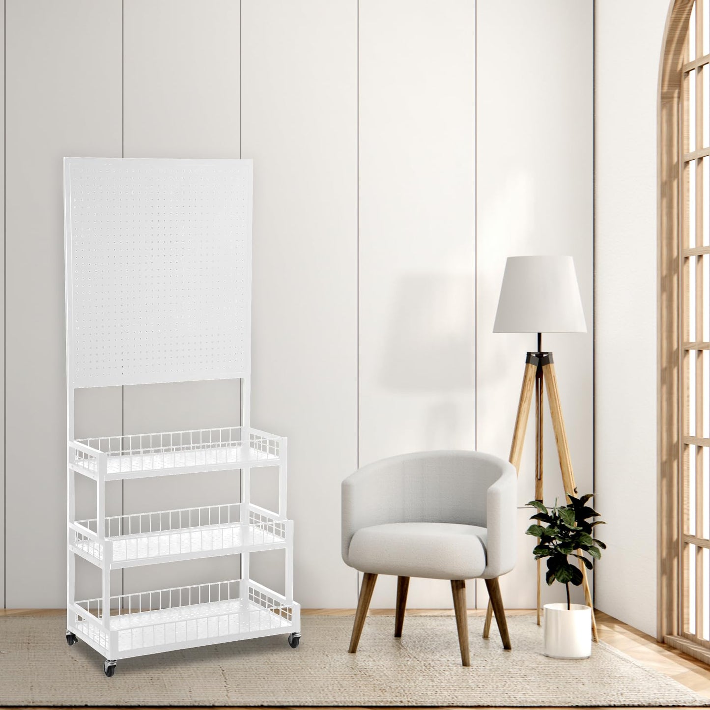 Eastern Tree 3 Tiers Metal Pegboard Display Stand with Pegboard Panel, Standing Pegboard Display Rack, Peg Board Panels, Art Display and Retail Display Stand with 20 Hooks - White