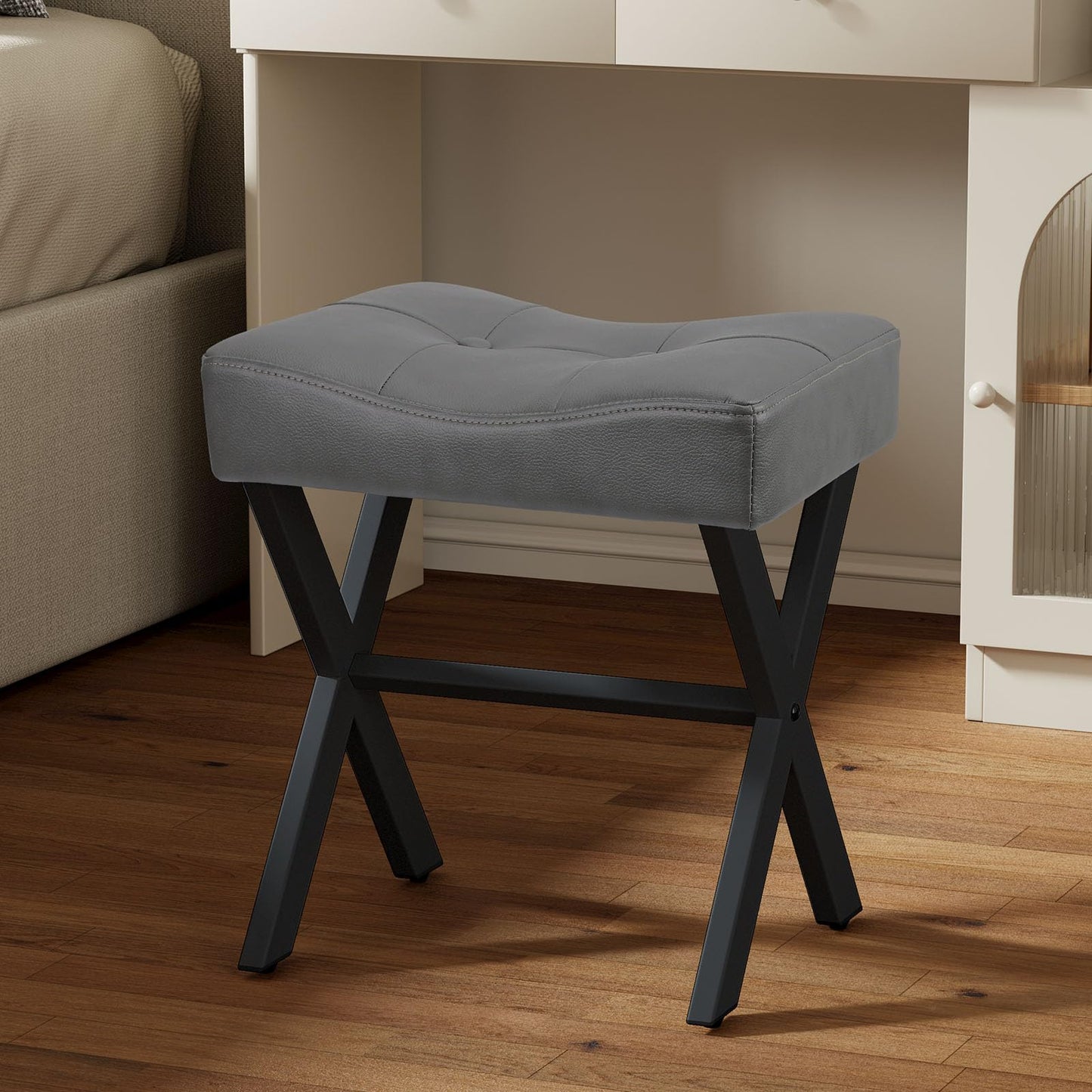 Memobarco 18-Inch Leather Vanity Stool Chair, Vanity Bench with Metal X-Leg, Ottoman Accent Stool with Thick Padded Saddle Seat, Gray