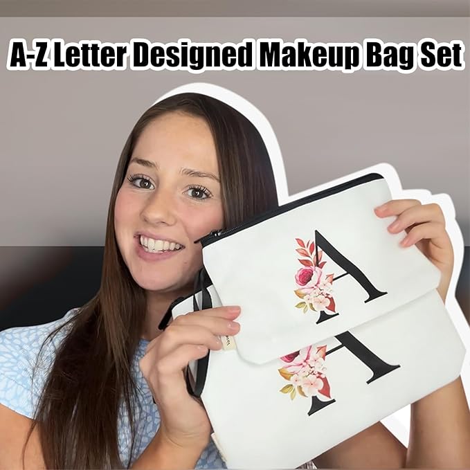 Vavabox A-Z Personalized Makeup Bag, Birthday Gifts for Women Mom, Gifts for Best Friend, Bride Bridesmaid Cosmetic bag (W, 03-White Set)