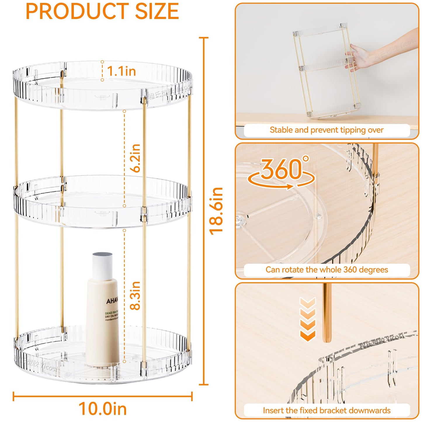 Yieach Acrylic 360 Rotating Makeup Organizer and Perfume Organizer,3 Tier Make Up Holder and Acrylic Skincare Organizers for Countertop,Vanity,Bathroom,Clear Spinning Beauty Organizer for Face Product